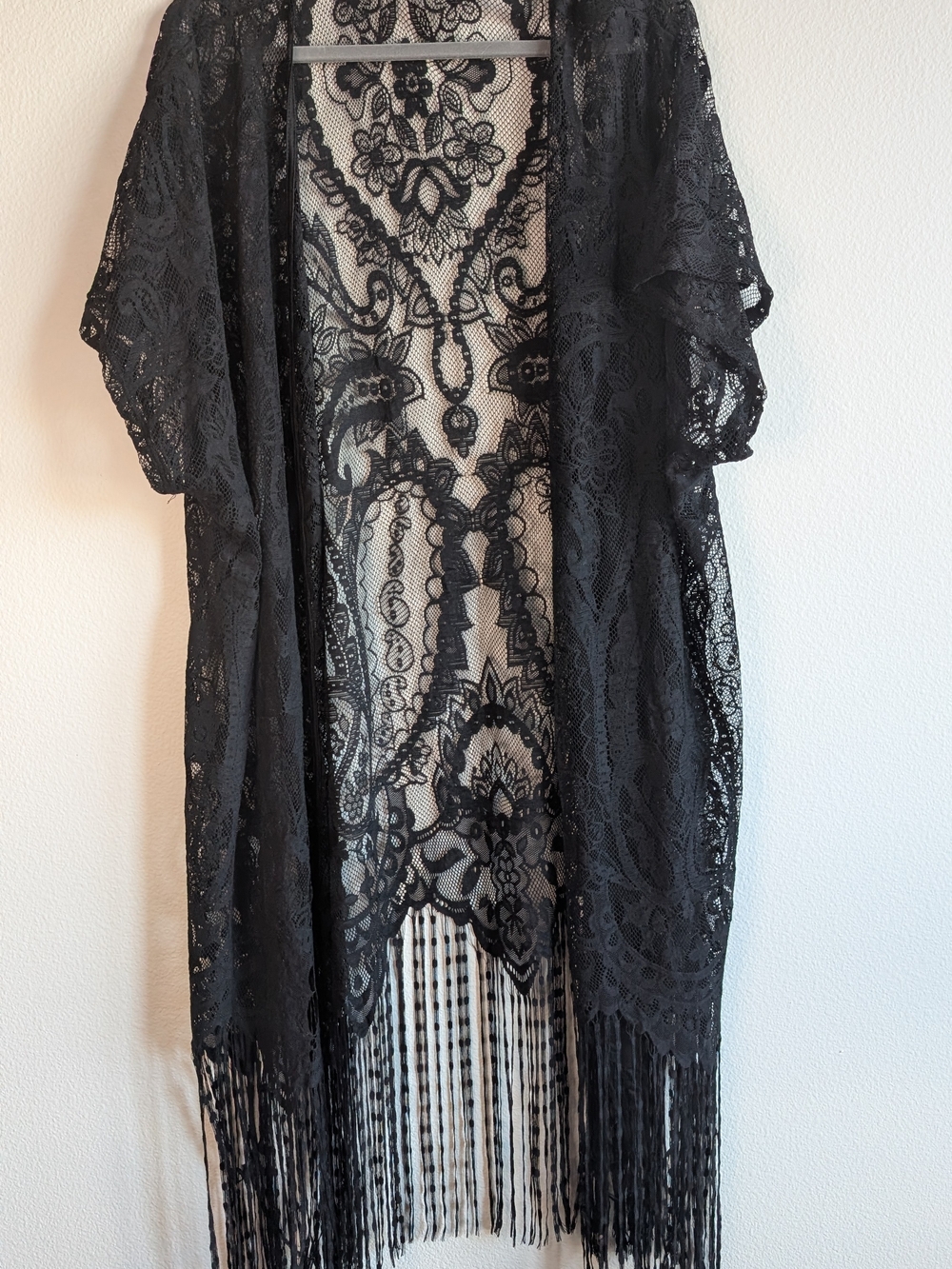 Black Lace Fringe Kimono Jacket - Women